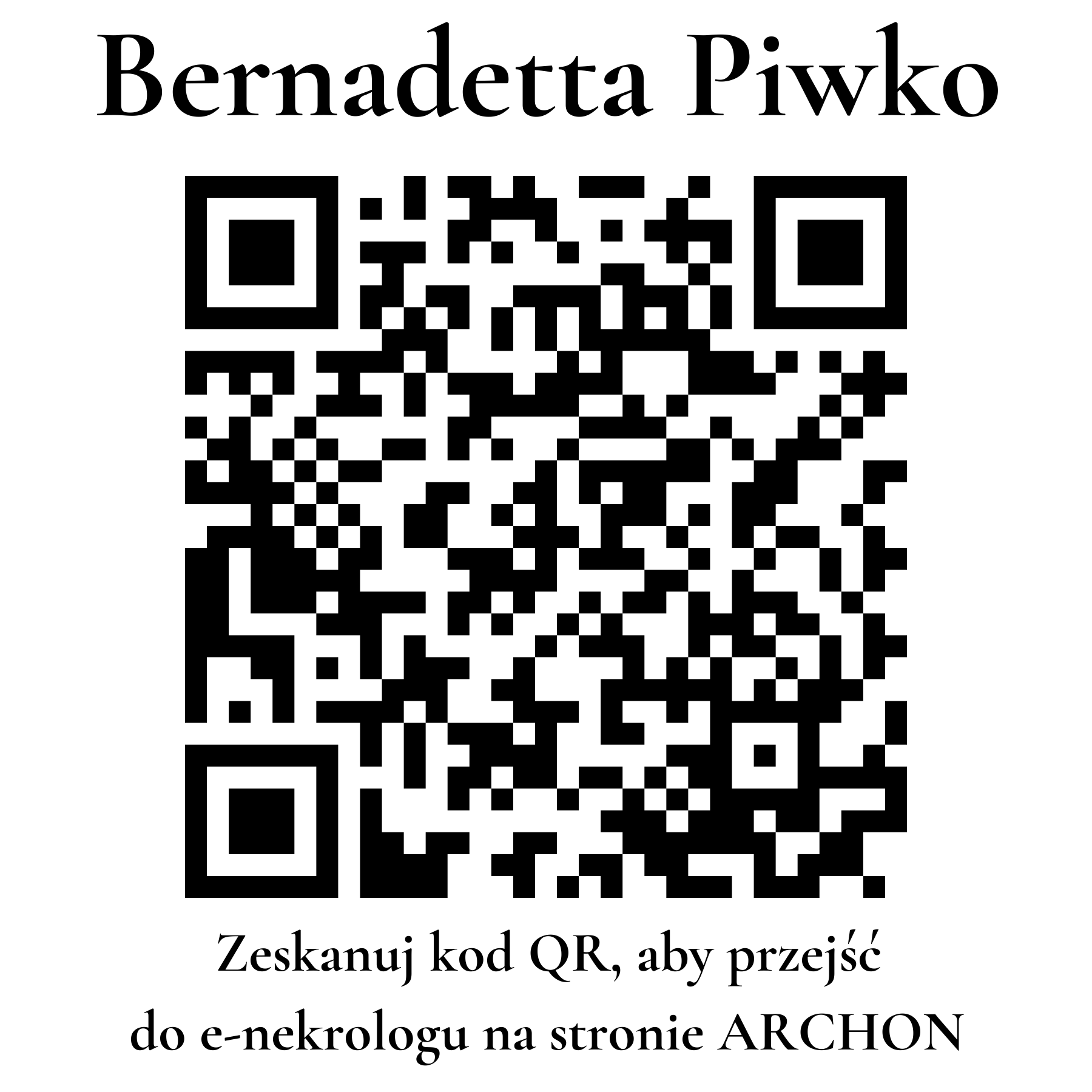 Kod QR do nekrologu Bernadetta Piwko Kod QR do nekrologu Bernadetta Piwko