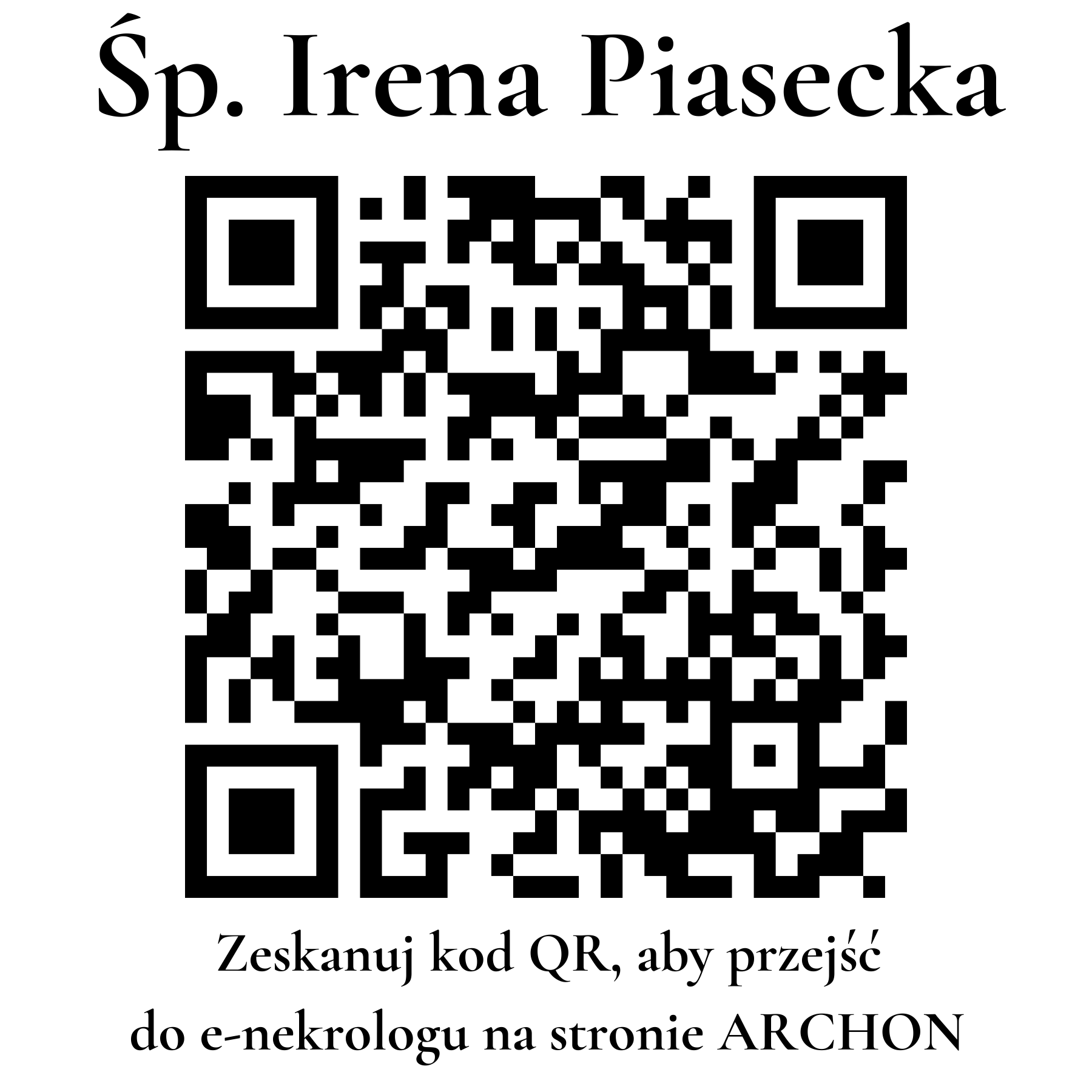 Kod QR do nekrologu Irena Piasecka Kod QR do nekrologu Irena Piasecka