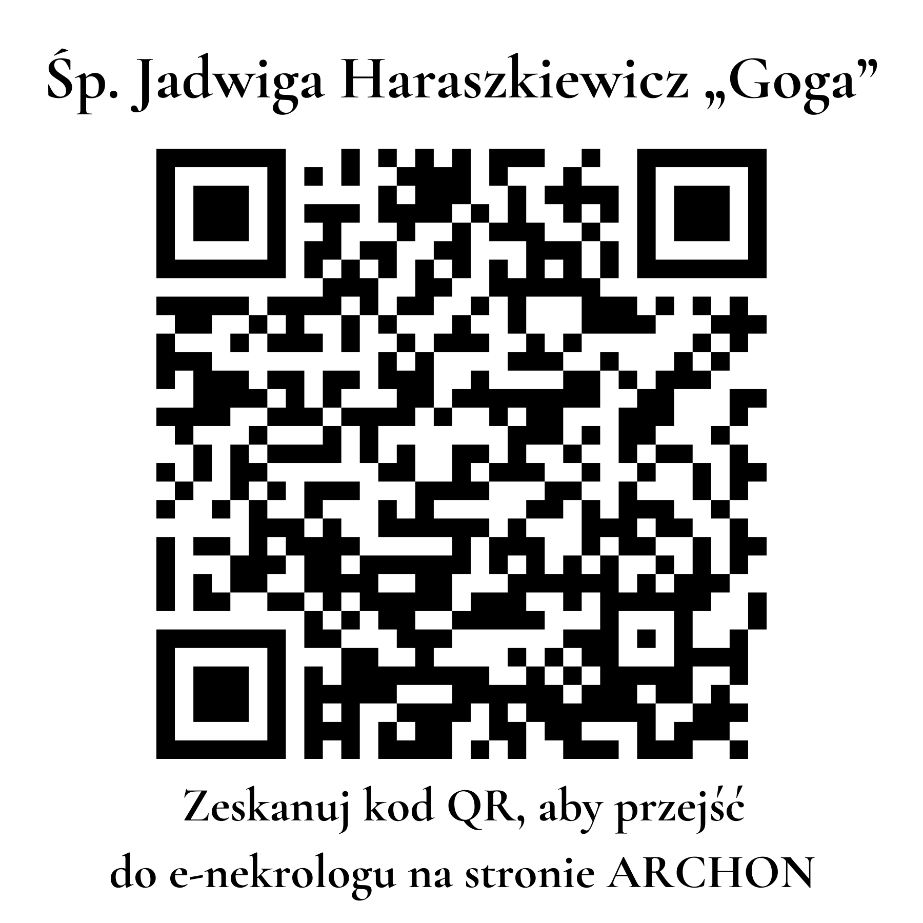 Kod QR do nekrologu Jadwiga Haraszkiewicz „Goga” Kod QR do nekrologu Jadwiga Haraszkiewicz „Goga”